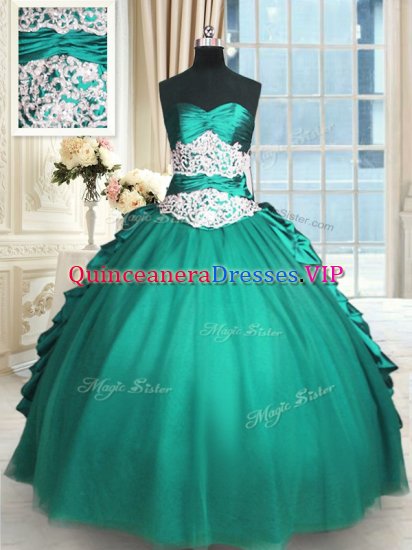 Elegant Beading and Lace and Appliques and Ruching Sweet 16 Dress Turquoise Lace Up Sleeveless Floor Length - Click Image to Close