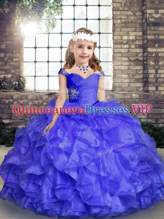 Custom Fit Blue Ball Gowns Organza Straps Sleeveless Beading and Ruffles Floor Length Lace Up Pageant Gowns For Girls