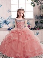 Dramatic Pink Lace Up Scoop Beading and Ruffles Little Girl Pageant Dress Tulle Sleeveless(SKU PAG1213-6BIZ)
