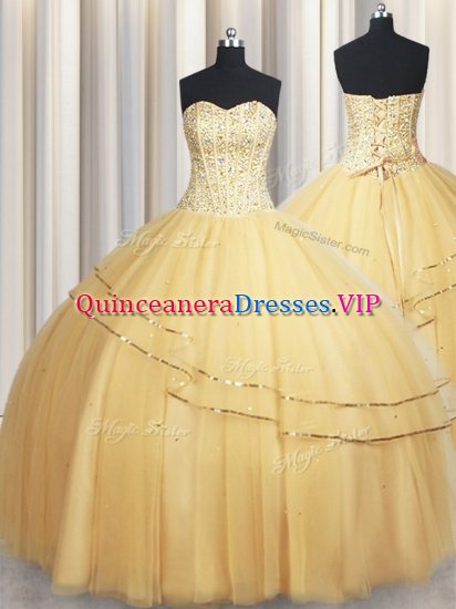 Lovely Visible Boning Big Puffy Champagne Sleeveless Organza Lace Up Quinceanera Dresses for Military Ball and Sweet 16 and Quinceanera - Click Image to Close
