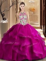 Captivating Scoop Sleeveless Tulle Brush Train Zipper Quinceanera Gown in Fuchsia with Embroidery and Ruffles