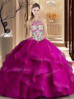 Captivating Scoop Sleeveless Tulle Brush Train Zipper Quinceanera Gown in Fuchsia with Embroidery and Ruffles(SKU SJQDDT940002-3BIZ)