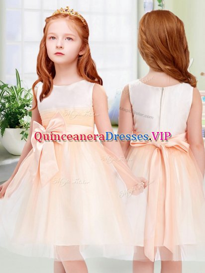 Sleeveless Knee Length Bowknot Zipper Pageant Gowns For Girls with Peach - Click Image to Close