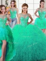 Four Piece Scoop Turquoise Ball Gowns Beading and Ruffles Quinceanera Gown Lace Up Tulle Sleeveless Floor Length