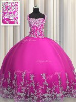 Custom Designed Fuchsia Tulle Lace Up Party Dress Wholesale Sleeveless Floor Length Beading and Appliques