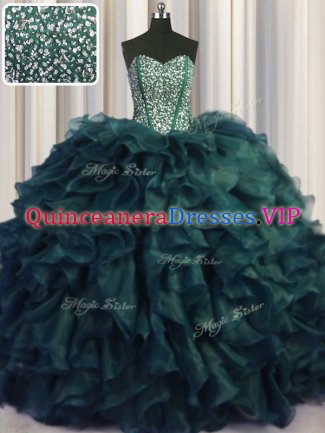 Visible Boning Bling-bling Organza Sweetheart Sleeveless Brush Train Lace Up Beading and Ruffles Quinceanera Dress in Peacock Green