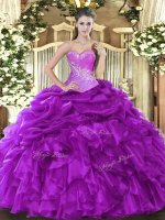 Sleeveless Floor Length Beading and Ruffles and Pick Ups Lace Up Ball Gown Prom Dress with Eggplant Purple