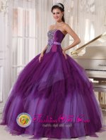 Tulle Beading and Bowknot For Elegant Strapless Purple ruffled Quinceanera Dress in Bad Homburg