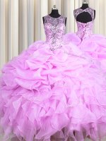 Nice See Through Scoop Sleeveless Lace Up 15 Quinceanera Dress Lilac Organza