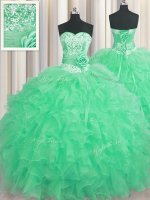 Great Handcrafted Flower Sleeveless Floor Length Beading and Ruffles and Hand Made Flower Lace Up Quinceanera Gown with Apple Green(SKU PSSW0438-14BIZ)