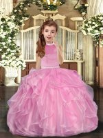 Sleeveless Floor Length Beading and Ruffles Lace Up Kids Pageant Dress with Baby Pink