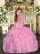 Sleeveless Floor Length Beading and Ruffles Lace Up Kids Pageant Dress with Baby Pink
