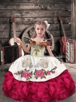 Custom Design Coral Red Sleeveless Floor Length Beading and Embroidery and Ruffles Lace Up Little Girls Pageant Gowns