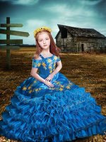 Blue Organza Lace Up Off The Shoulder Short Sleeves Floor Length Girls Pageant Dresses Embroidery and Ruffled Layers