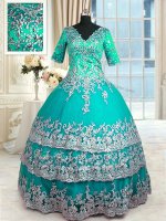 Ruffled V-neck Half Sleeves Zipper Quinceanera Dresses Turquoise Satin(SKU PSSW0245-8BIZ)