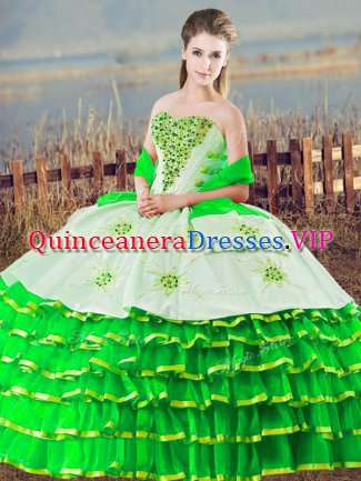 Nice Floor Length Lace Up Vestidos de Quinceanera Green for Sweet 16 and Quinceanera with Beading and Ruffled Layers