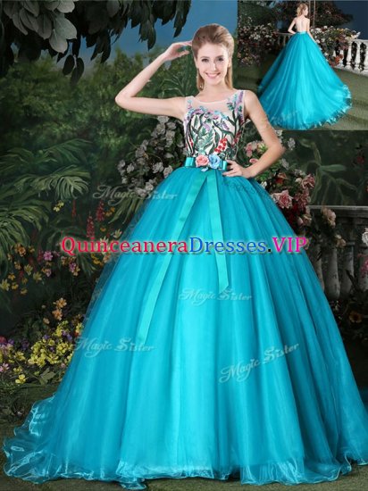 Scoop Sleeveless Quinceanera Gown Brush Train Appliques and Belt Teal Organza - Click Image to Close