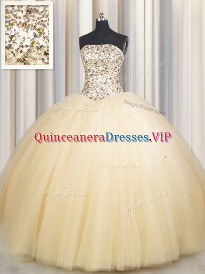 Sequins Really Puffy Gold Sleeveless Tulle Lace Up Sweet 16 Quinceanera Dress for Military Ball and Sweet 16 and Quinceanera - Click Image to Close