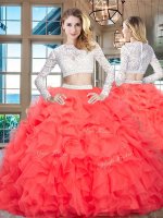 Scoop Organza Long Sleeves Floor Length Sweet 16 Dress and Beading and Lace and Ruffles