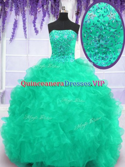 Turquoise Strapless Lace Up Beading and Appliques and Ruffles 15 Quinceanera Dress Brush Train Sleeveless - Click Image to Close