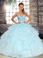 Fine Light Blue Sleeveless Floor Length Beading and Ruffles Lace Up Ball Gown Prom Dress