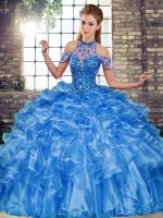 Fancy Blue Ball Gowns Halter Top Sleeveless Organza Floor Length Lace Up Beading and Ruffles 15th Birthday Dress