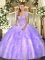 Strapless Sleeveless Ball Gown Prom Dress Floor Length Appliques and Ruffles Lavender Tulle