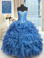 Adorable Baby Blue Organza Lace Up Quince Ball Gowns Sleeveless Floor Length Beading and Ruffles(SKU PSSW0362-7BIZ)