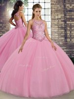 Floor Length Lace Up Ball Gown Prom Dress Pink for Military Ball and Sweet 16 and Quinceanera with Embroidery