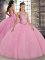 Floor Length Lace Up Ball Gown Prom Dress Pink for Military Ball and Sweet 16 and Quinceanera with Embroidery