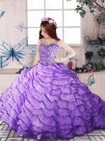 Gorgeous Lavender Pageant Dresses Organza Brush Train Sleeveless Beading and Ruffled Layers