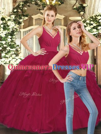 V-neck Sleeveless Tulle 15th Birthday Dress Ruffles Lace Up