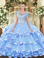 Noble Aqua Blue Scoop Neckline Beading and Ruffled Layers Quince Ball Gowns Sleeveless Clasp Handle