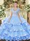 Noble Aqua Blue Scoop Neckline Beading and Ruffled Layers Quince Ball Gowns Sleeveless Clasp Handle