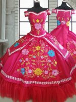 Hot Pink Sweetheart Neckline Beading and Embroidery Sweet 16 Dress Short Sleeves Lace Up