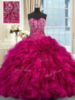 Fuchsia Ball Gowns Sweetheart Sleeveless Organza Brush Train Lace Up Beading and Ruffles 15th Birthday Dress