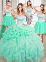 Dazzling Four Piece Pick Ups Floor Length Apple Green Quinceanera Gowns Sweetheart Sleeveless Lace Up