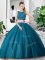 Flare Teal Zipper Scoop Lace and Ruching Quinceanera Gown Tulle Sleeveless