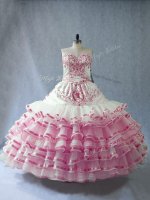Lovely Sleeveless Floor Length Embroidery and Ruffled Layers and Bowknot Lace Up Quince Ball Gowns with Pink And White(SKU PSSW1125-5BIZ)
