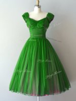 Great Knee Length A-line Cap Sleeves Green Dama Dress Lace Up