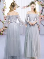 Spectacular Grey Dama Dress Wedding Party with Lace and Belt Off The Shoulder 3 4 Length Sleeve Lace Up