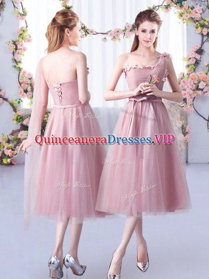 Elegant Pink Tulle Lace Up Damas Dress Sleeveless Tea Length Appliques and Belt - Click Image to Close