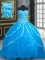 Custom Design Sweetheart Sleeveless 15 Quinceanera Dress With Brush Train Beading and Appliques Aqua Blue Tulle