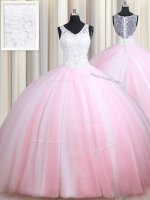 Straps Floor Length Ball Gowns Sleeveless Pink And White Vestidos de Quinceanera Zipper