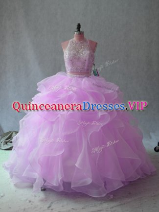 Lilac Halter Top Backless Beading and Ruffles Ball Gown Prom Dress Sleeveless