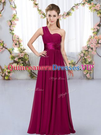 Popular Chiffon One Shoulder Sleeveless Lace Up Belt Dama Dress for Quinceanera in Fuchsia
