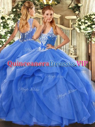 Floor Length Blue Vestidos de Quinceanera Straps Sleeveless Lace Up