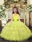 Fancy Halter Top Sleeveless Pageant Dress for Teens Floor Length Ruffled Layers Yellow Green Organza