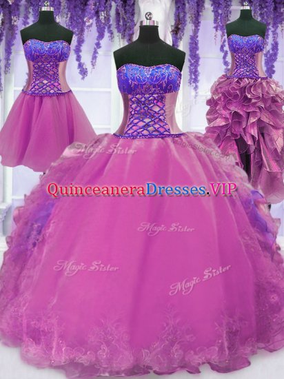 Four Piece Sweetheart Sleeveless Organza Quinceanera Gown Appliques and Embroidery Lace Up - Click Image to Close