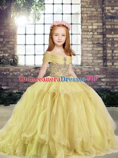 Yellow Ball Gowns Beading Kids Pageant Dress Lace Up Tulle Sleeveless Floor Length - Click Image to Close